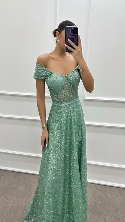 Mint Green Designer Dress with Shoulder Detail Embroidery