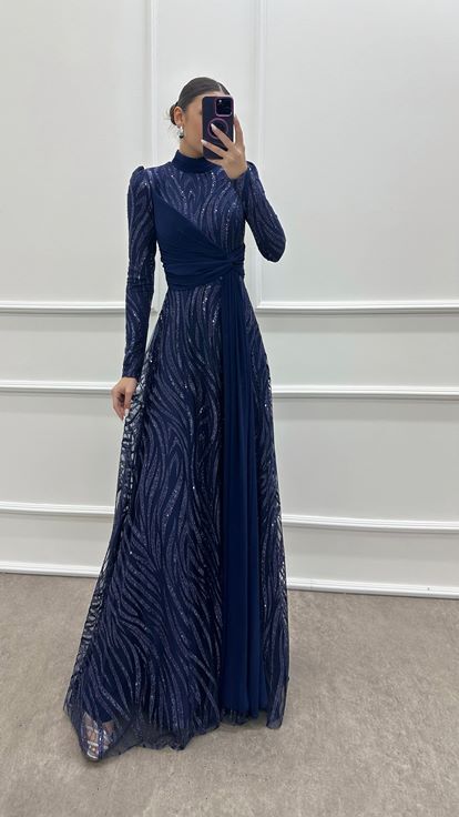 Navy Blue Dress with Embroidered Waist Detail