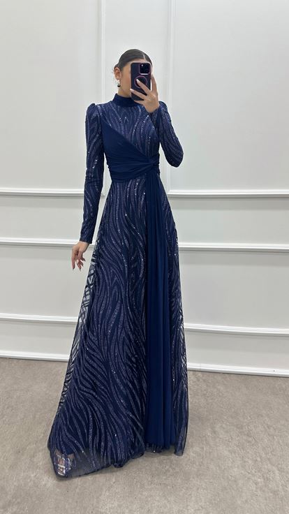 Navy Blue Dress with Embroidered Waist Detail