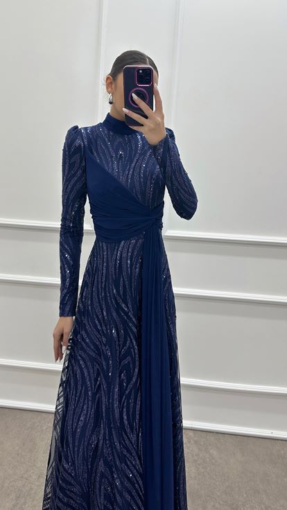 Navy Blue Dress with Embroidered Waist Detail