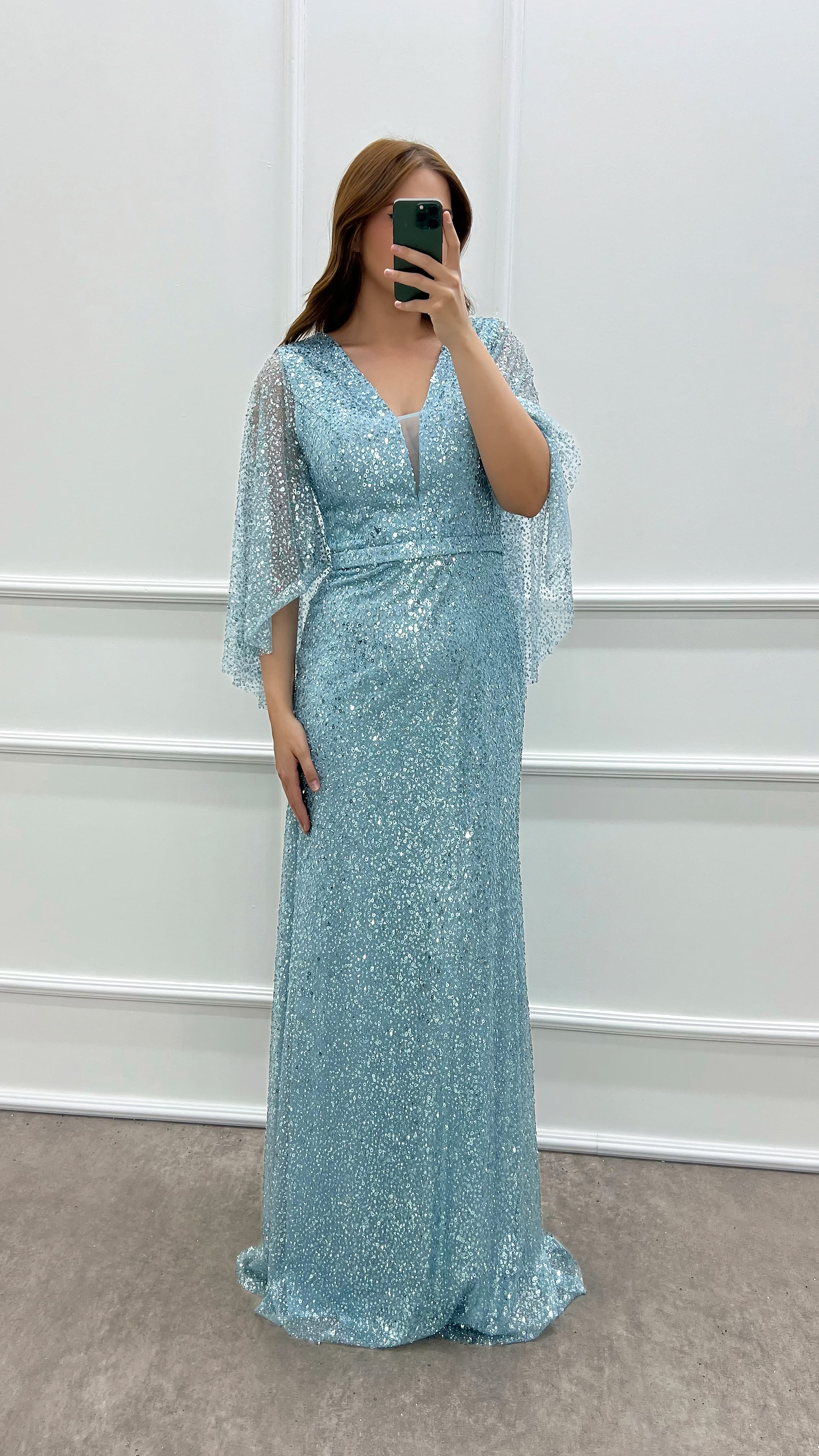 Baby Blue V-Neck Sleeve Detail Sequin Plus Size Evening Dress