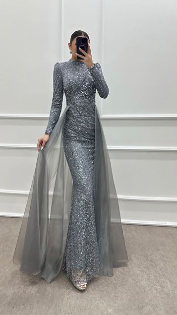 Robe hijab à sequins en tulle gris
