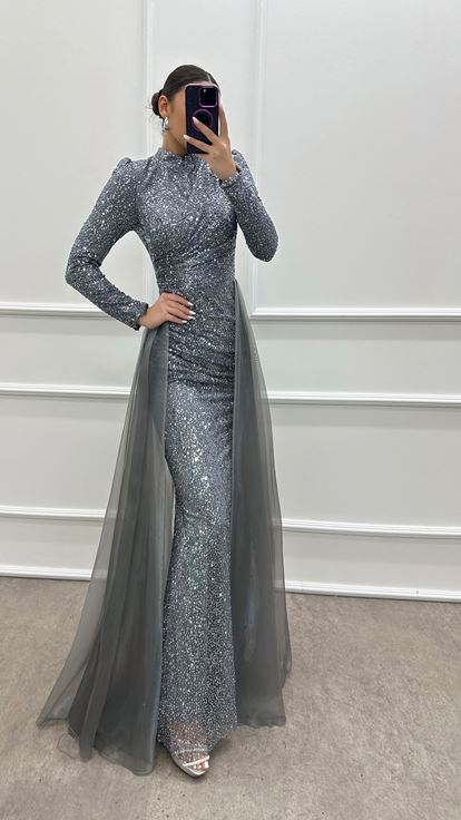 Robe hijab à sequins et détails en tulle gris