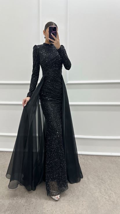 Robe hijab à sequins et détails en tulle noir