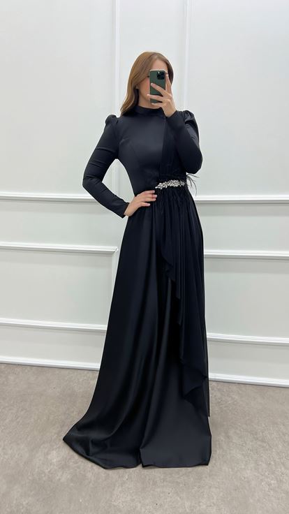 Black Jeweled Feathered Pleated Design Satin Dress