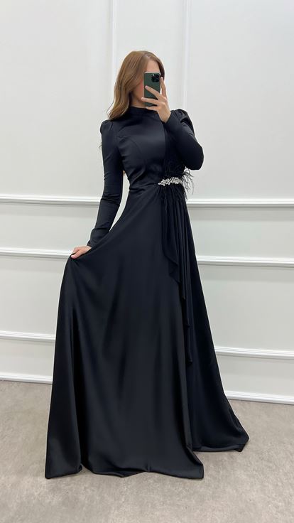 Black Jeweled Feathered Pleated Design Satin Dress