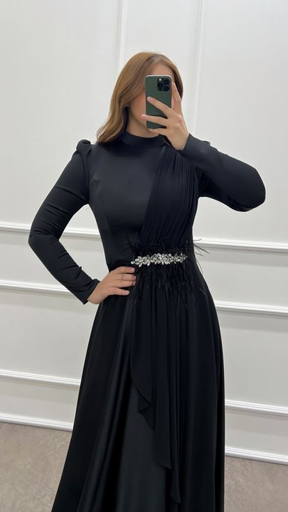 Black Jeweled Feathered Pleated Design Satin Dress