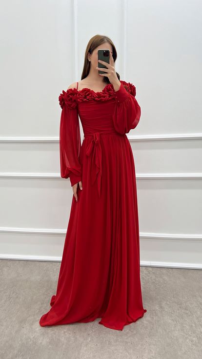 Vestido de gasa de talla grande con manga globo rosa de pecho rojo