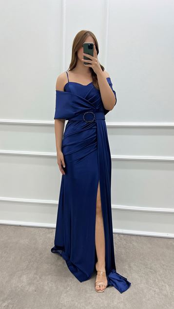 Navy Blue Double-breasted Collar Belted Waist Detail Satin Plus Size Evening Dress