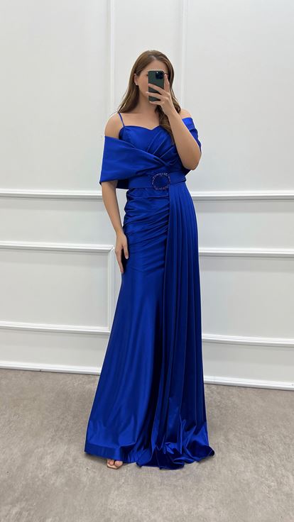 Saks Double-breasted Collar Belted Waist Detail Satin Plus Size Evening Dress