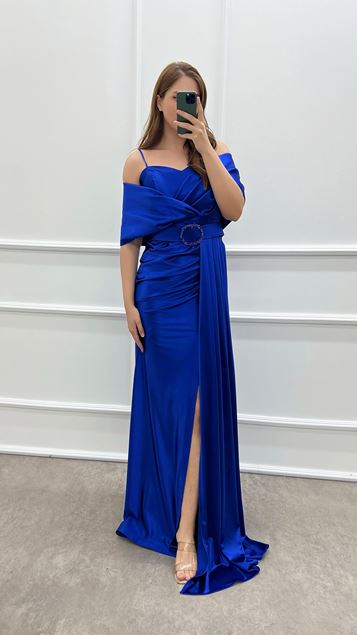 Saks Double-breasted Collar Belted Waist Detail Satin Plus Size Evening Dress