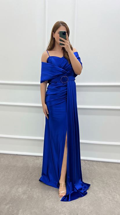 Saks Double-breasted Collar Belted Waist Detail Satin Plus Size Evening Dress