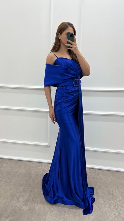 Saks Double-breasted Collar Belted Waist Detail Satin Plus Size Evening Dress