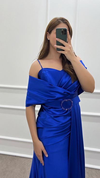 Saks Double-breasted Collar Belted Waist Detail Satin Plus Size Evening Dress