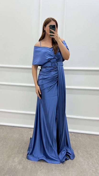 Indigo Double-breasted Collar Belted Waist Detail Satin Evening Dress