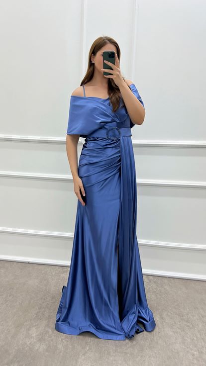 Indigo Double-breasted Collar Belted Waist Detail Satin Evening Dress