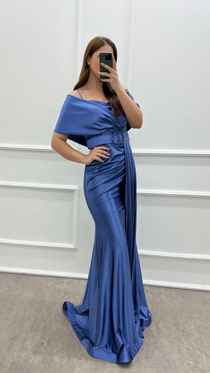 Indigo Double-breasted Collar Belted Waist Detail Satin Evening Dress