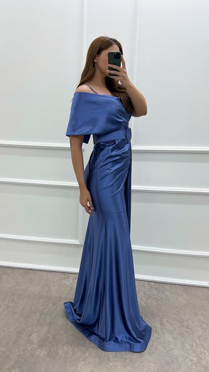 Indigo Double-breasted Collar Belted Waist Detail Satin Evening Dress