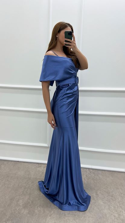 Indigo Double-breasted Collar Belted Waist Detail Satin Evening Dress
