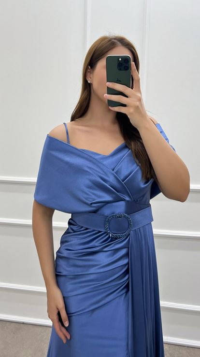 Indigo Double-breasted Collar Belted Waist Detail Satin Evening Dress