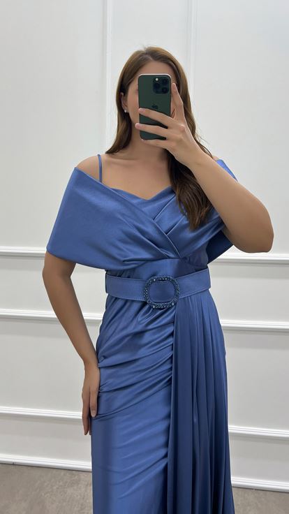 Indigo Double-breasted Collar Belted Waist Detail Satin Evening Dress