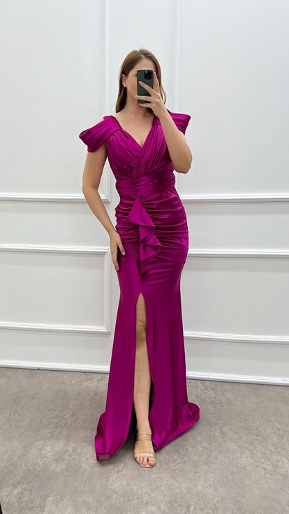 Fuchsia Shoulder Detail Waist Flounced Design Satin Plus Size Evening Dress