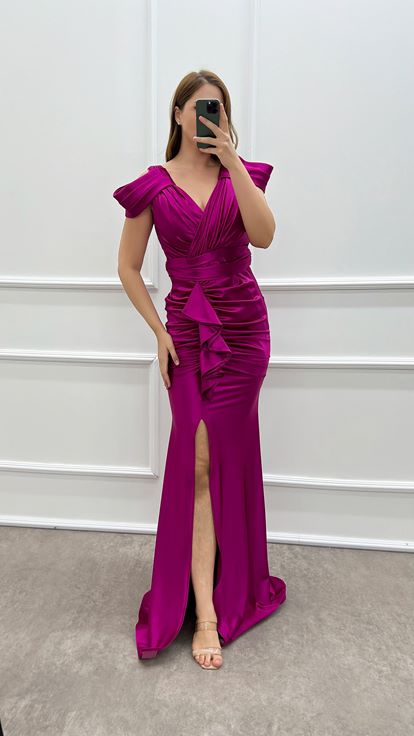 Fuchsia Shoulder Detail Waist Flounced Design Satin Plus Size Evening Dress