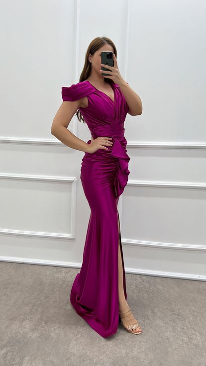 Fuchsia Shoulder Detail Waist Flounced Design Satin Plus Size Evening Dress