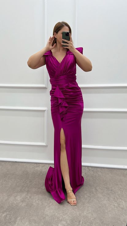 Fuchsia Shoulder Detail Waist Flounced Design Satin Plus Size Evening Dress