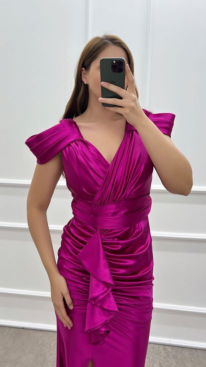 Fuchsia Shoulder Detail Waist Flounced Design Satin Plus Size Evening Dress
