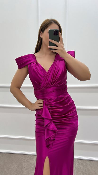 Fuchsia Shoulder Detail Waist Flounced Design Satin Plus Size Evening Dress