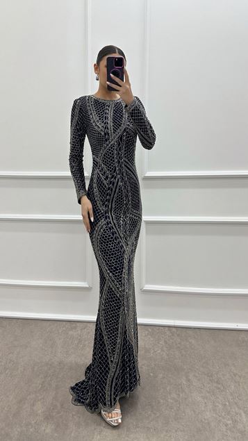 Vestido de noche de diseño bordado especial azul marino