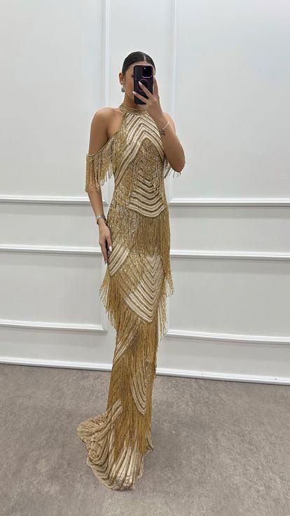 Yellow Neck Detail Layer Specially Embroidered Design Evening Dress