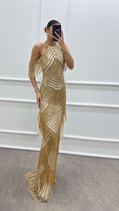 Yellow Neck Detail Layer Specially Embroidered Design Evening Dress