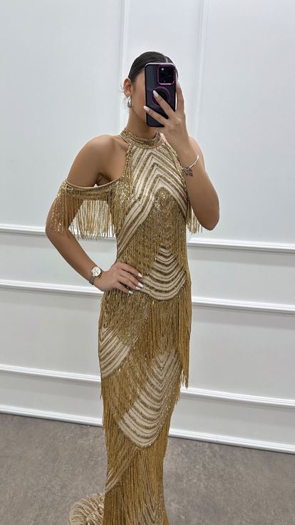 Yellow Neck Detail Layer Specially Embroidered Design Evening Dress