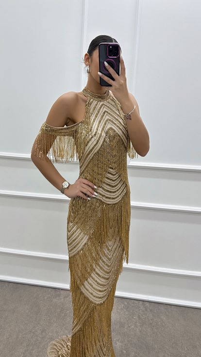 Yellow Neck Detail Layer Specially Embroidered Design Evening Dress