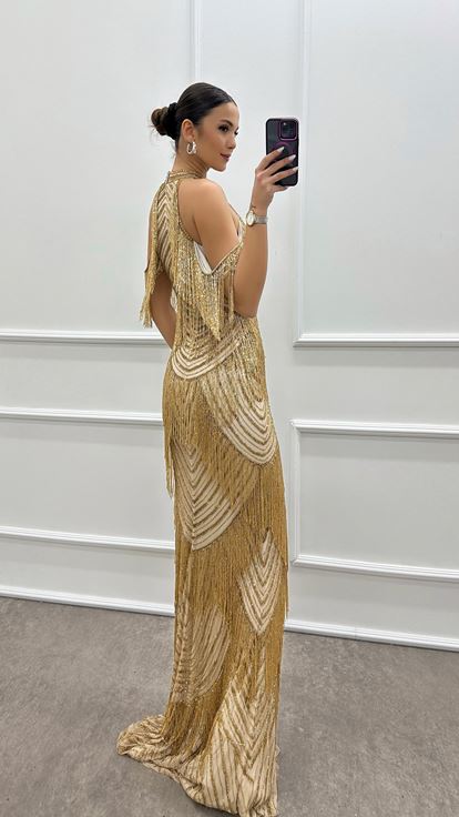 Yellow Neck Detail Layer Specially Embroidered Design Evening Dress