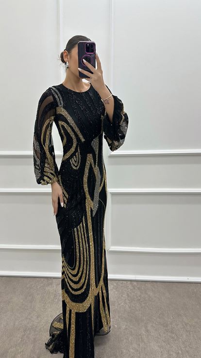 Black Balloon Sleeve Special Embroidered Design Evening Dress