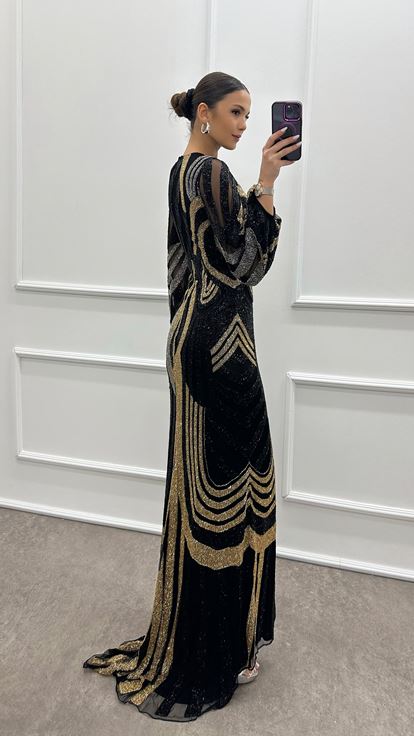 Black Balloon Sleeve Special Embroidered Design Evening Dress