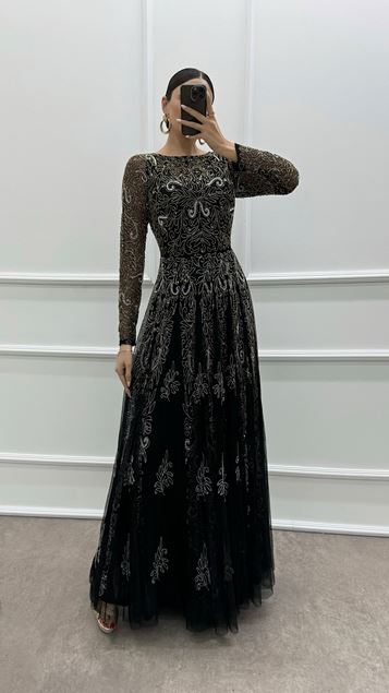 Black Special Embroidered Design Evening Dress
