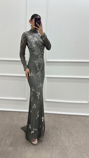 Anthracite Special Embroidered Design Evening Dress