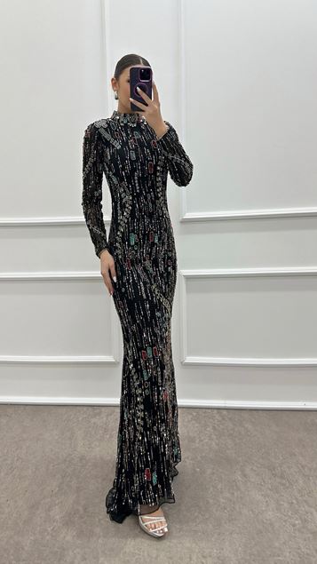 Black Stone Special Embroidered Design Evening Dress