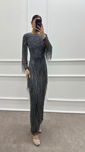 Gri Kolları püskül Özel İşlemeli Tasarım Abiye Elbise