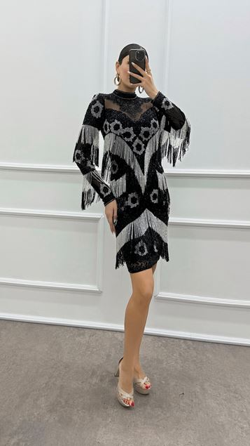 Black Chest Detail Stoned Special Design Dress