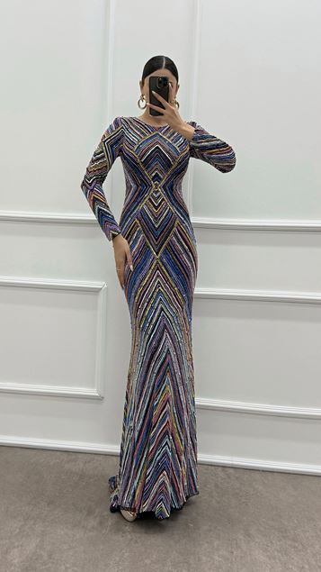 Vestido de noche de diseño especial estampado azul marino