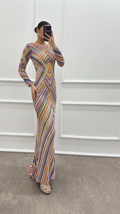 Pembe Desenli Özel Tasarım Abiye Elbise