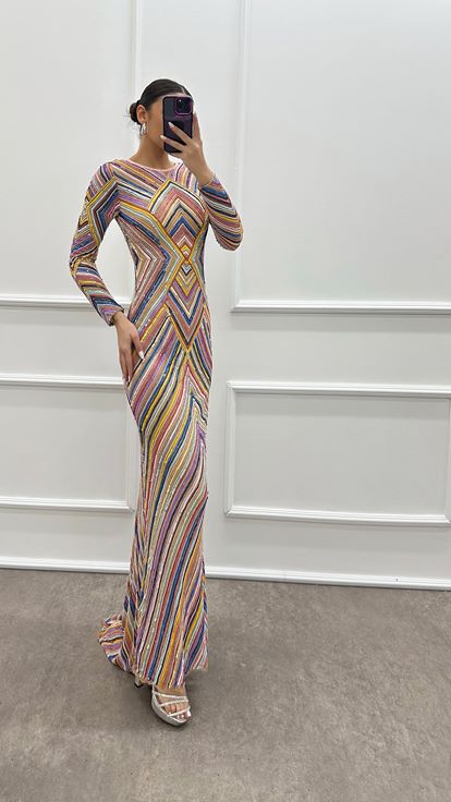 Pembe Desenli Özel Tasarım Abiye Elbise