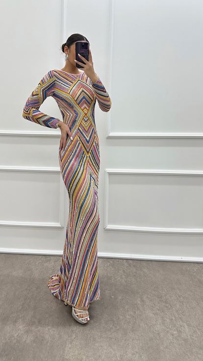 Pembe Desenli Özel Tasarım Abiye Elbise