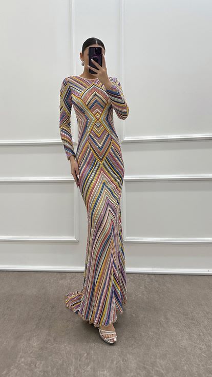 Pembe Desenli Özel Tasarım Abiye Elbise