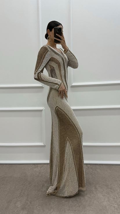 Beige Chest V-Neck Special Design Evening Dress